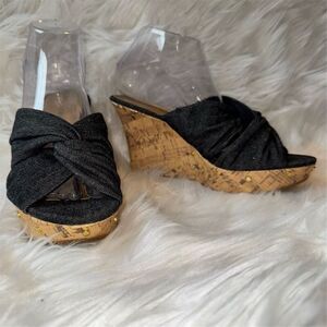 Dana Buchman Women's 7.5 Blue Denim Stud Open Toe Cork Wedge Sandals Espadrille